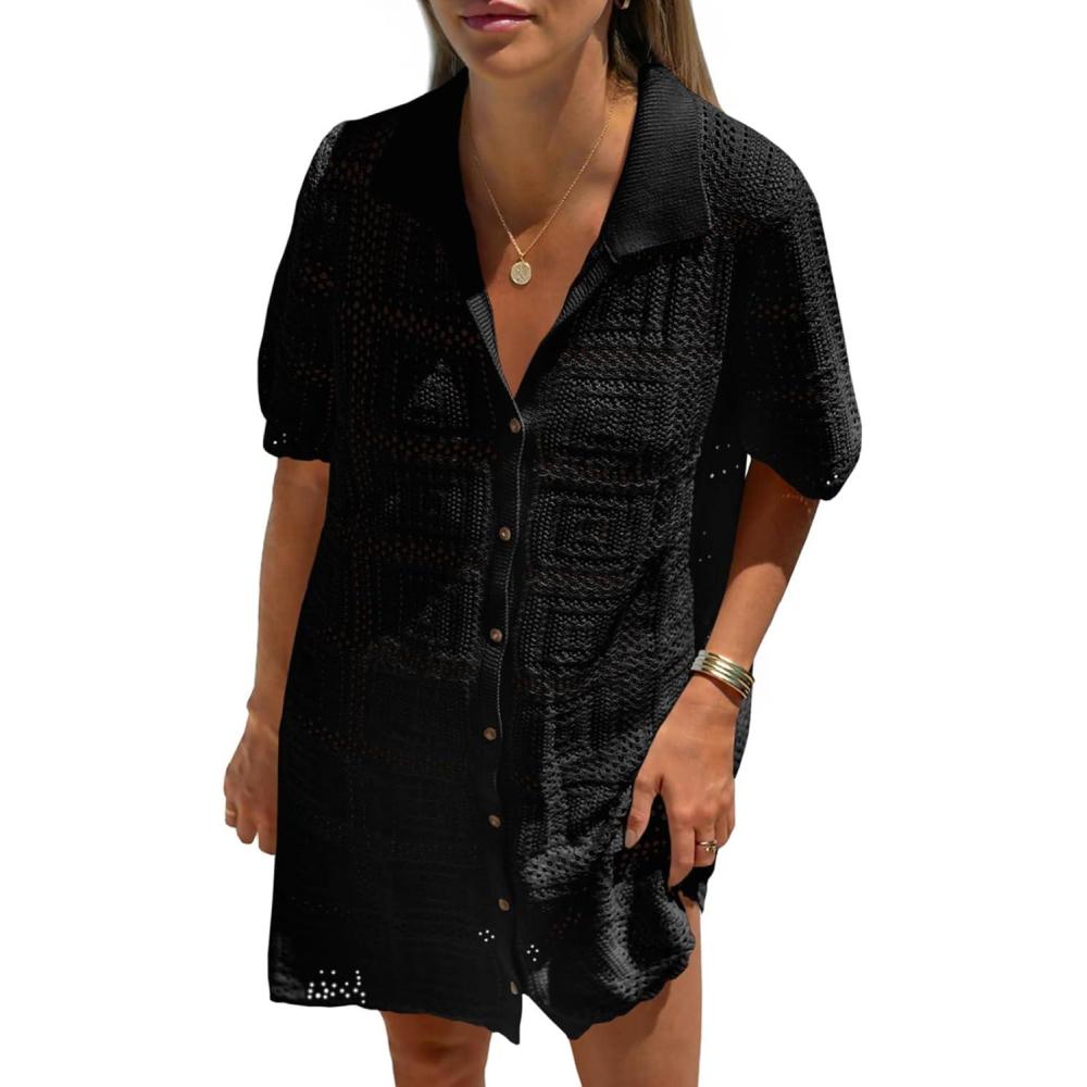 image:imageSaodimallsu Womens Crochet Swimsuit Cover Up Dress Short Sleeve Button V Neck Knit Summer Beach Vacation OutfitsBlack