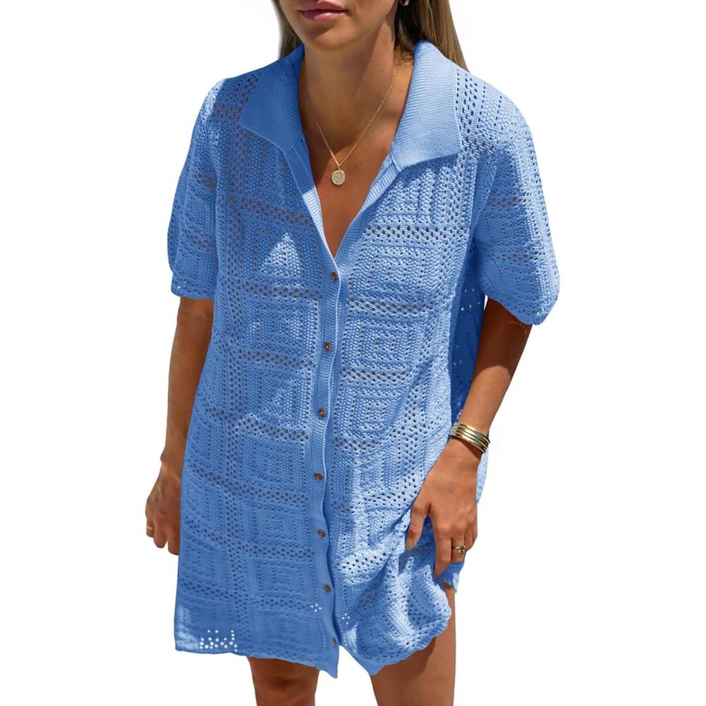 image:imageSaodimallsu Womens Crochet Swimsuit Cover Up Dress Short Sleeve Button V Neck Knit Summer Beach Vacation OutfitsBlue