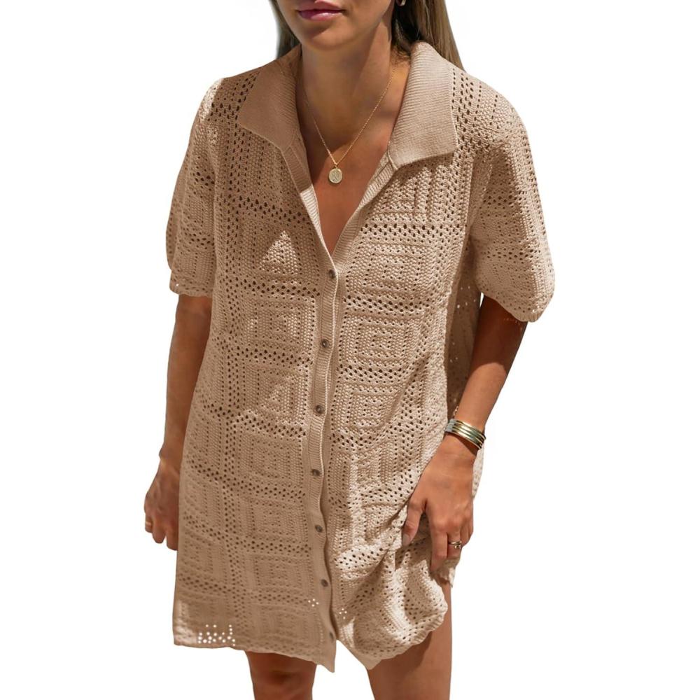 image:imageSaodimallsu Womens Crochet Swimsuit Cover Up Dress Short Sleeve Button V Neck Knit Summer Beach Vacation OutfitsKhaki