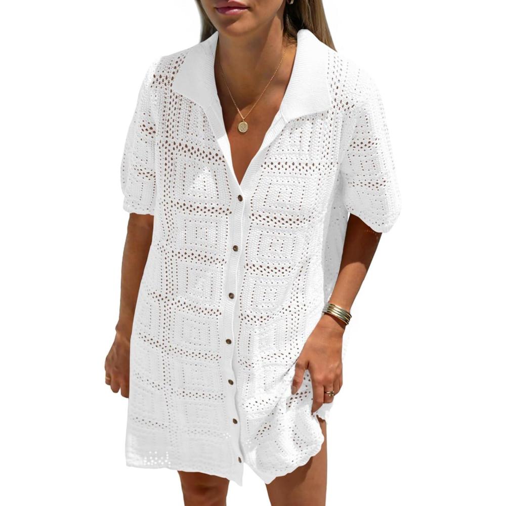 image:imageSaodimallsu Womens Crochet Swimsuit Cover Up Dress Short Sleeve Button V Neck Knit Summer Beach Vacation OutfitsWhite