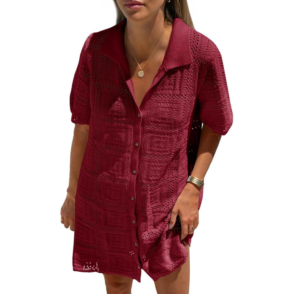 image:imageSaodimallsu Womens Crochet Swimsuit Cover Up Dress Short Sleeve Button V Neck Knit Summer Beach Vacation OutfitsWine Red