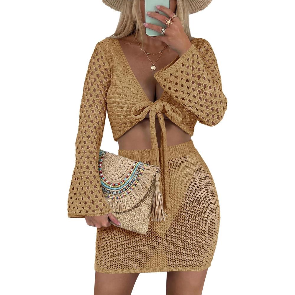 image:imageSaodimallsu Womens Crochet Swimsuit Coverup Beach 2 Piece Cover Up Set Crop Long Sleeve Tie Front Tops Mini Skirt SetsKhaki