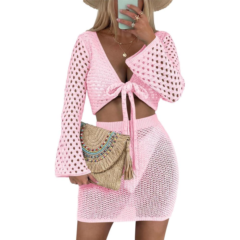 image:imageSaodimallsu Womens Crochet Swimsuit Coverup Beach 2 Piece Cover Up Set Crop Long Sleeve Tie Front Tops Mini Skirt SetsPink