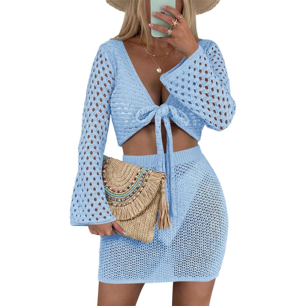 image:imageSaodimallsu Womens Crochet Swimsuit Coverup Beach 2 Piece Cover Up Set Crop Long Sleeve Tie Front Tops Mini Skirt SetsSky Blue