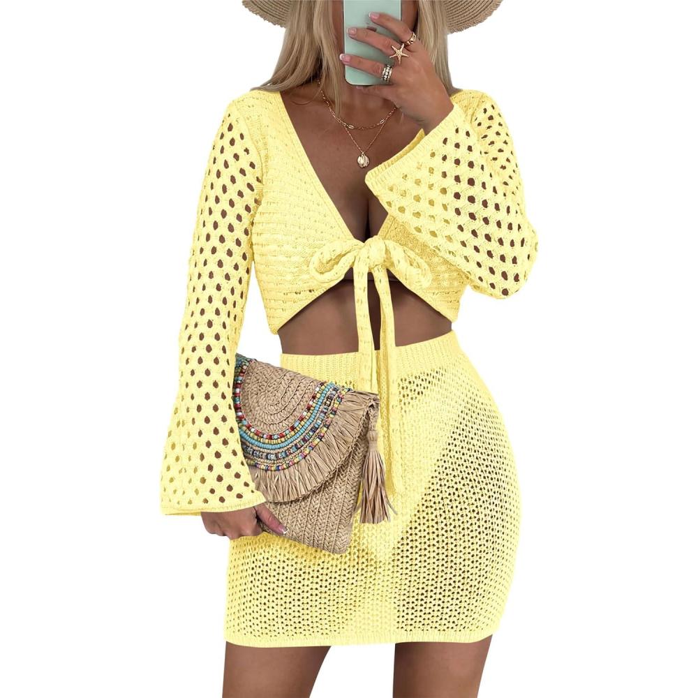 image:imageSaodimallsu Womens Crochet Swimsuit Coverup Beach 2 Piece Cover Up Set Crop Long Sleeve Tie Front Tops Mini Skirt SetsYellow