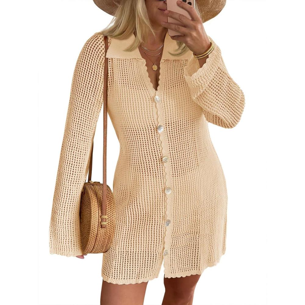 image:imageSaodimallsu Womens Crochet Swimsuit Coverup Button Down Long Sleeve Cardigan Mini Dress Beach Cover Ups Vacation OutfitsApricot