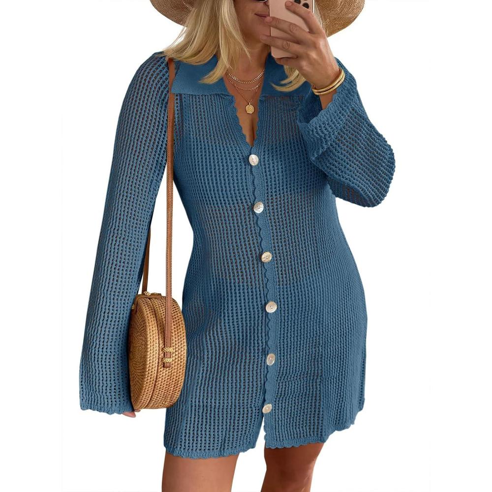 image:imageSaodimallsu Womens Crochet Swimsuit Coverup Button Down Long Sleeve Cardigan Mini Dress Beach Cover Ups Vacation OutfitsBlue