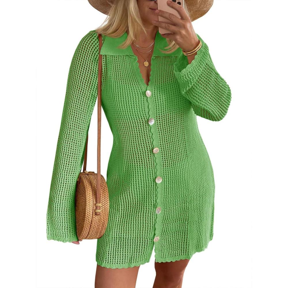 image:imageSaodimallsu Womens Crochet Swimsuit Coverup Button Down Long Sleeve Cardigan Mini Dress Beach Cover Ups Vacation OutfitsGreen