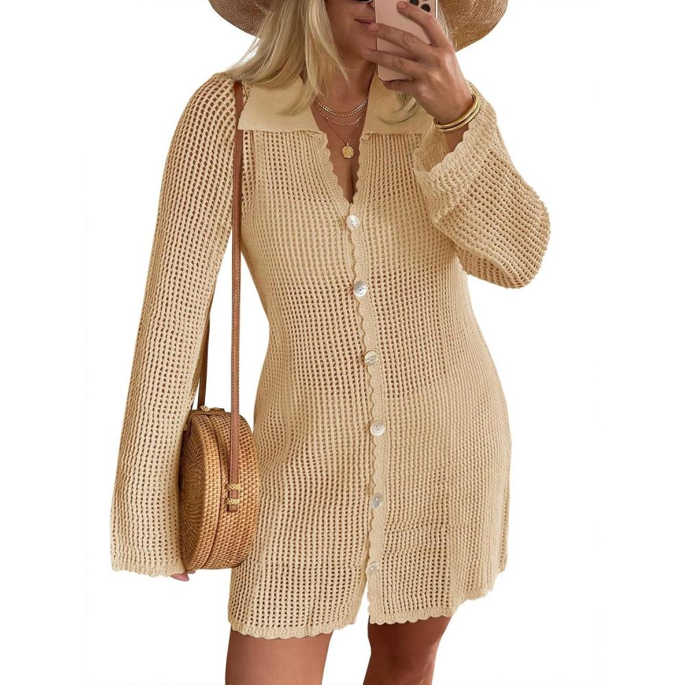 image:imageSaodimallsu Womens Crochet Swimsuit Coverup Button Down Long Sleeve Cardigan Mini Dress Beach Cover Ups Vacation OutfitsKhaki