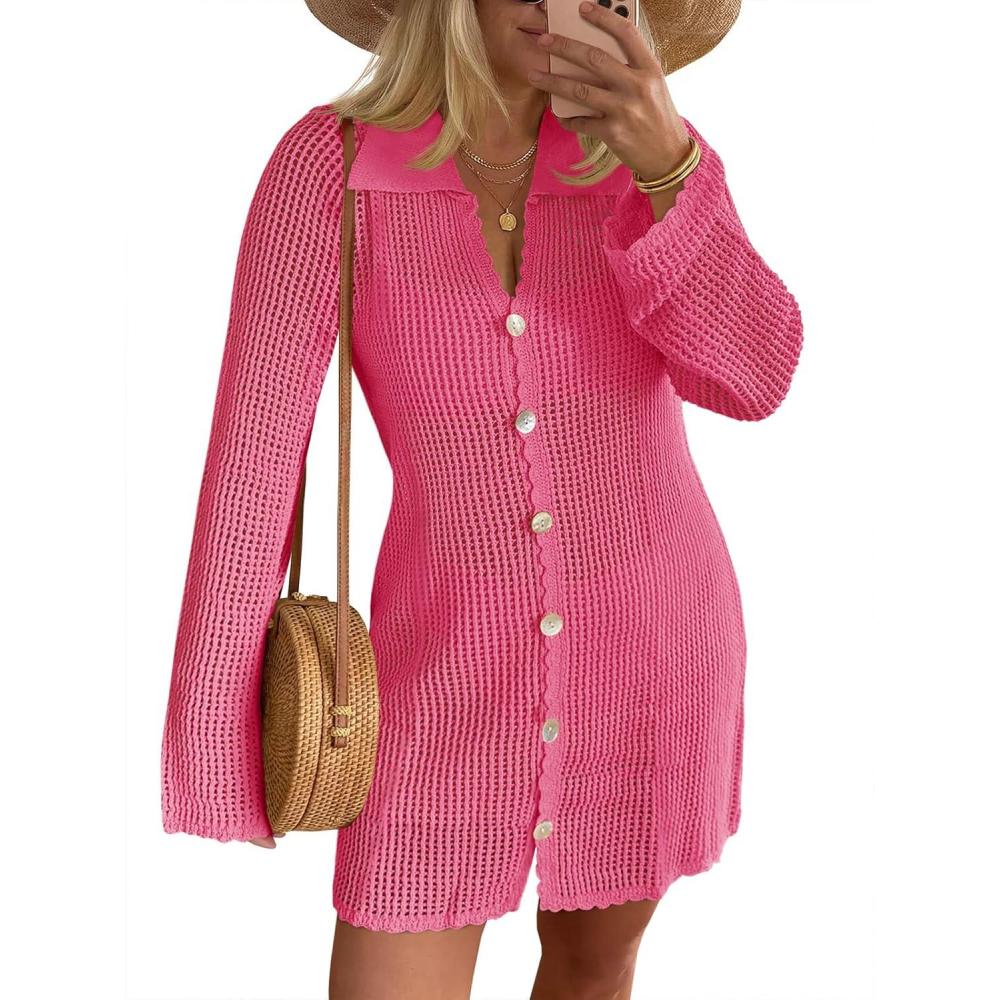 image:imageSaodimallsu Womens Crochet Swimsuit Coverup Button Down Long Sleeve Cardigan Mini Dress Beach Cover Ups Vacation OutfitsRose Red