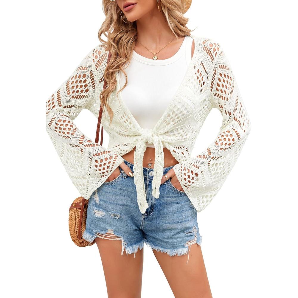 image:imageSaodimallsu Womens Crochet Tie Front Cardigans Bell Long Sleeve Lightweight Knit Summer Crop Tops Vacation OutfitsBeige