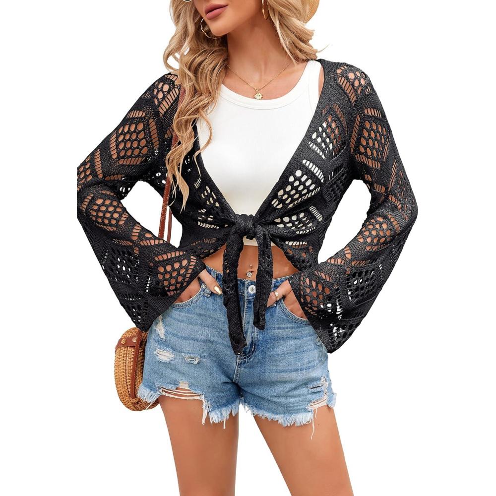 image:imageSaodimallsu Womens Crochet Tie Front Cardigans Bell Long Sleeve Lightweight Knit Summer Crop Tops Vacation OutfitsBlack
