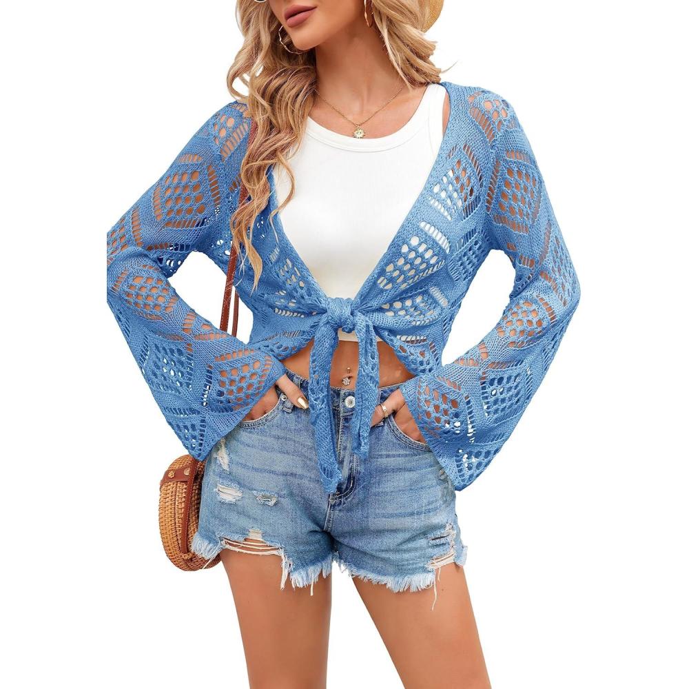 image:imageSaodimallsu Womens Crochet Tie Front Cardigans Bell Long Sleeve Lightweight Knit Summer Crop Tops Vacation OutfitsBlue
