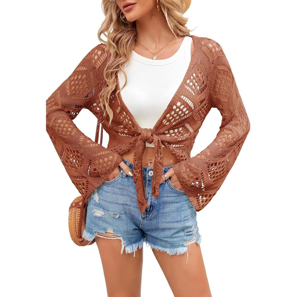 image:imageSaodimallsu Womens Crochet Tie Front Cardigans Bell Long Sleeve Lightweight Knit Summer Crop Tops Vacation OutfitsBrick Red