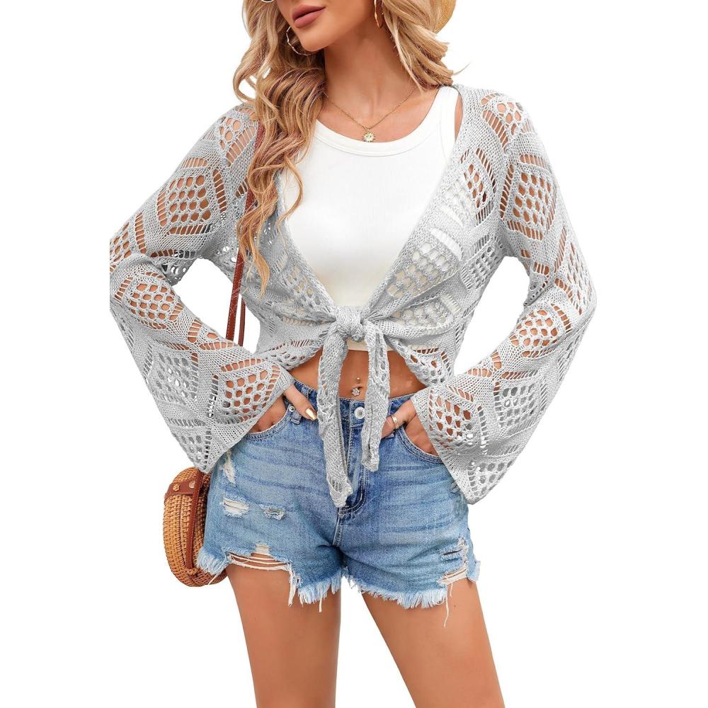 image:imageSaodimallsu Womens Crochet Tie Front Cardigans Bell Long Sleeve Lightweight Knit Summer Crop Tops Vacation OutfitsGray
