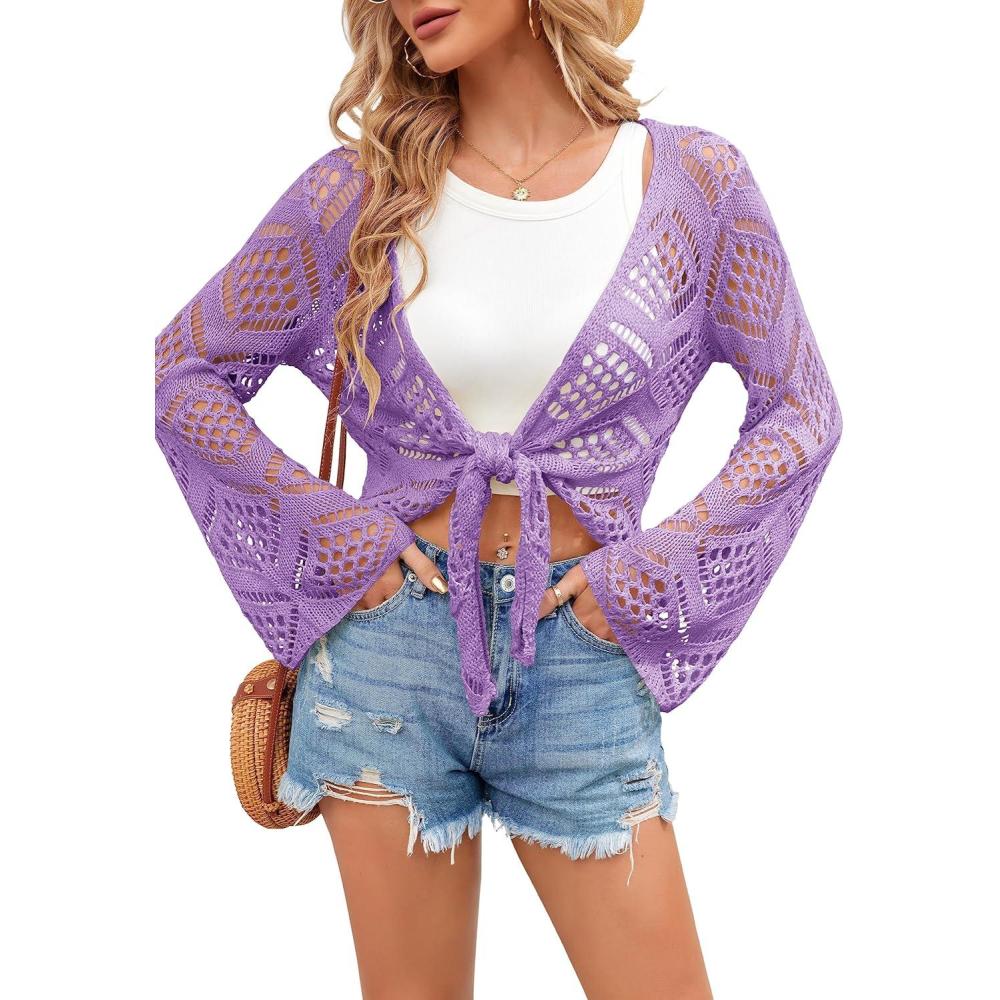 image:imageSaodimallsu Womens Crochet Tie Front Cardigans Bell Long Sleeve Lightweight Knit Summer Crop Tops Vacation OutfitsPurple