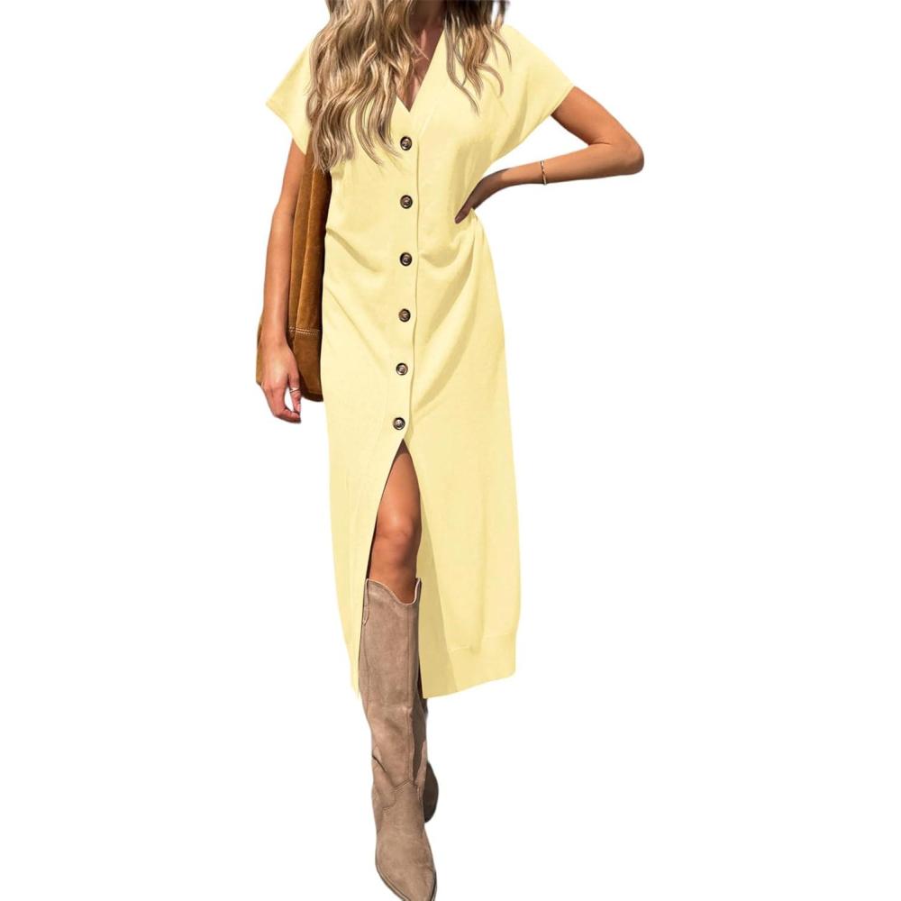 image:imageSaodimallsu Womens Long Cardigans Lightweight Short Sleeve Button V Neck Loose Knit Casual Summer Midi Sweater DressYellow