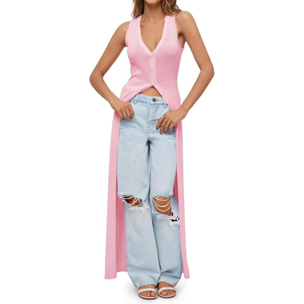 image:imageSaodimallsu Womens Long Cardigans Sleeveless V Neck Button Lightweight Knit Duster Vest Top Beach Cover UpPink