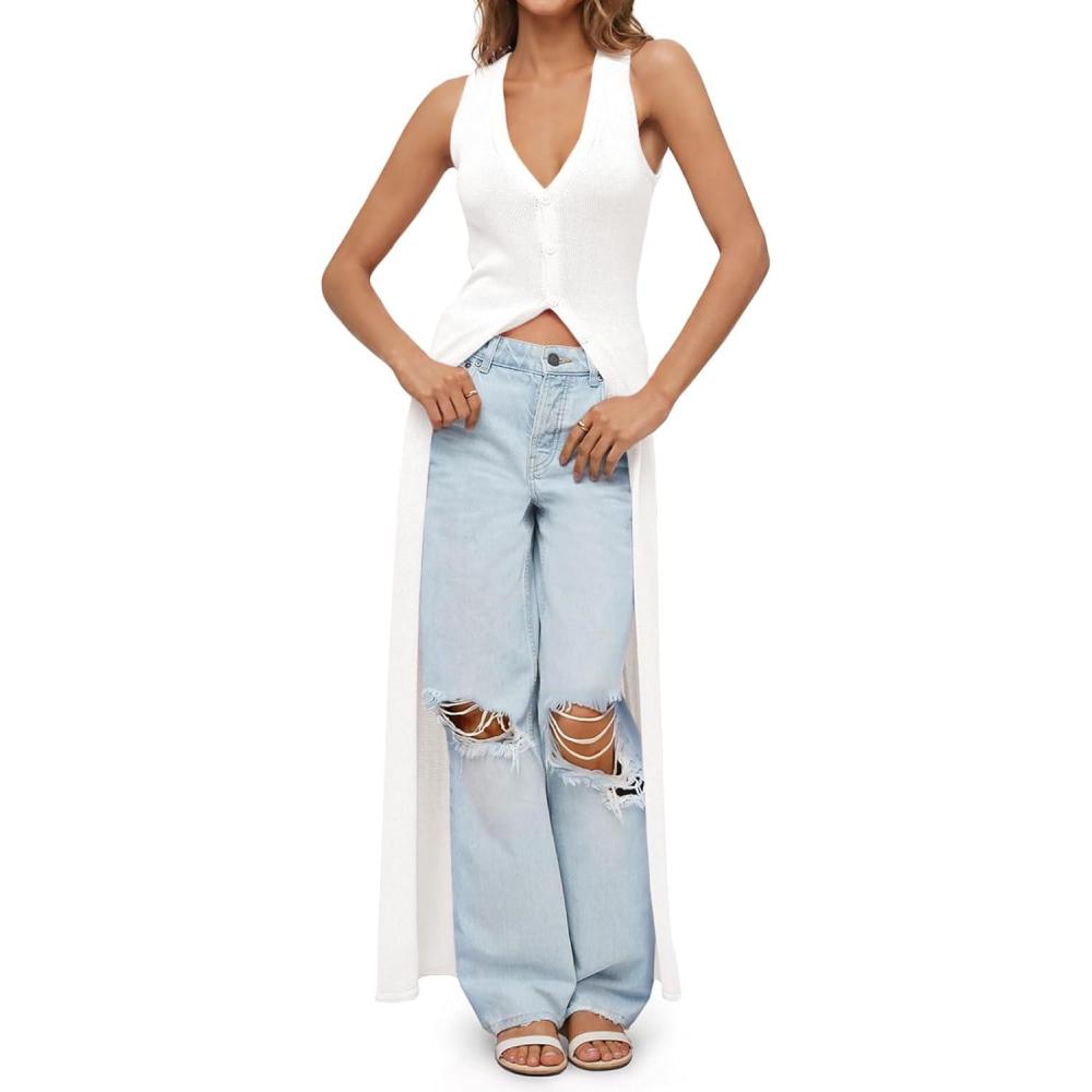 image:imageSaodimallsu Womens Long Cardigans Sleeveless V Neck Button Lightweight Knit Duster Vest Top Beach Cover UpWhite