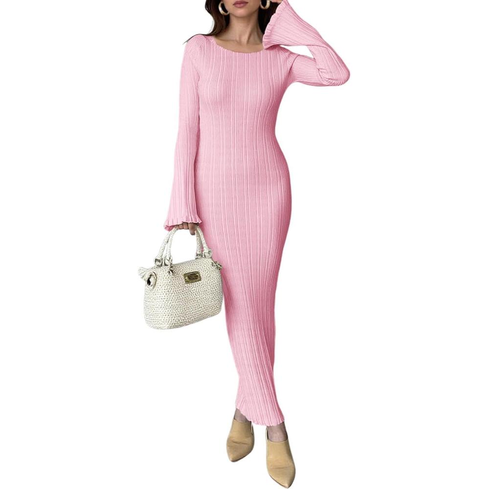 image:imageSaodimallsu Womens Long Sleeve Bodycon Maxi Dress Ribbed Knit Ruffle Crewneck Elegant Slimming Long Sweater DressesPink
