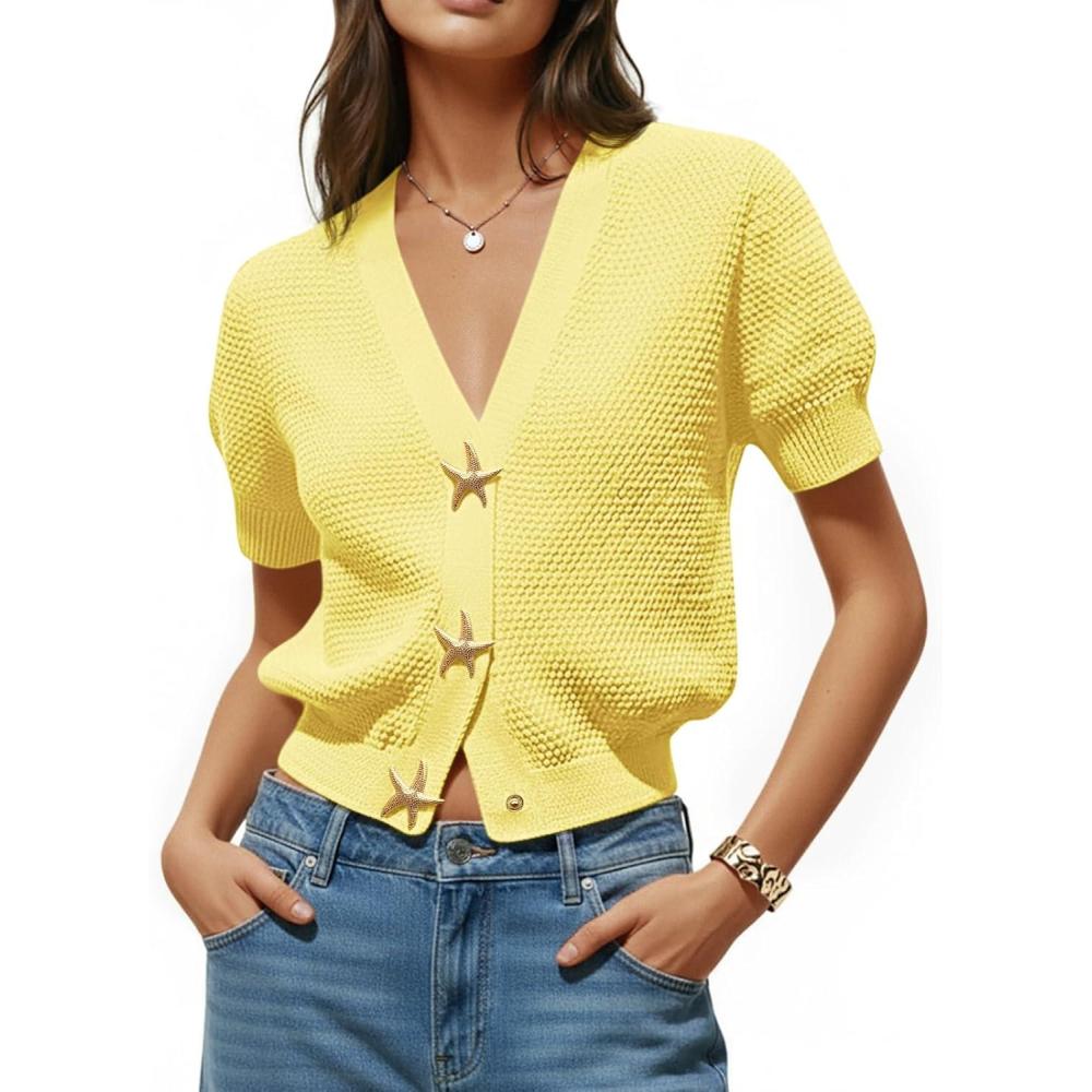 image:imageSaodimallsu Womens Puff Short Sleeve Cardigans V Neck Button Down Casual Summer Lightweight Knit Sweater TopsYellow
