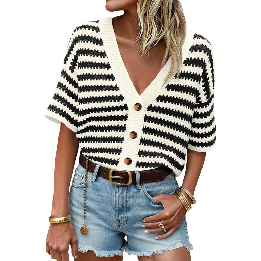 image:imageSaodimallsu Womens Short Sleeve Striped Cardigan Sweaters Crochet Knit Button Down Shirts V Neck Spring Summer TopsBlack
