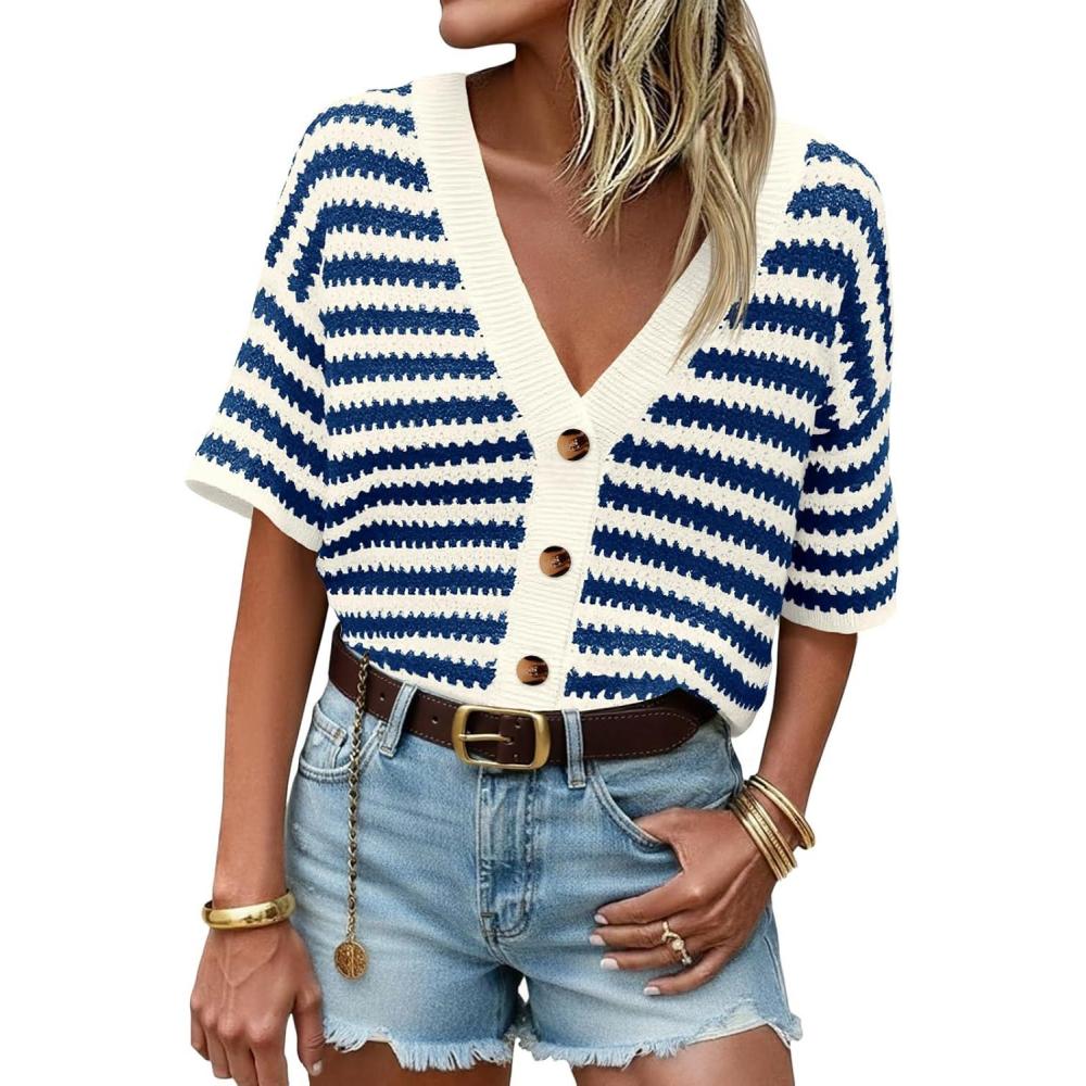 image:imageSaodimallsu Womens Short Sleeve Striped Cardigan Sweaters Crochet Knit Button Down Shirts V Neck Spring Summer TopsDark Blue