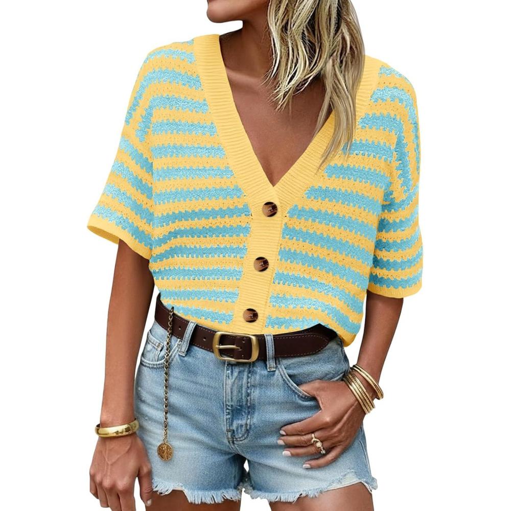 image:imageSaodimallsu Womens Short Sleeve Striped Cardigan Sweaters Crochet Knit Button Down Shirts V Neck Spring Summer TopsLake Blue
