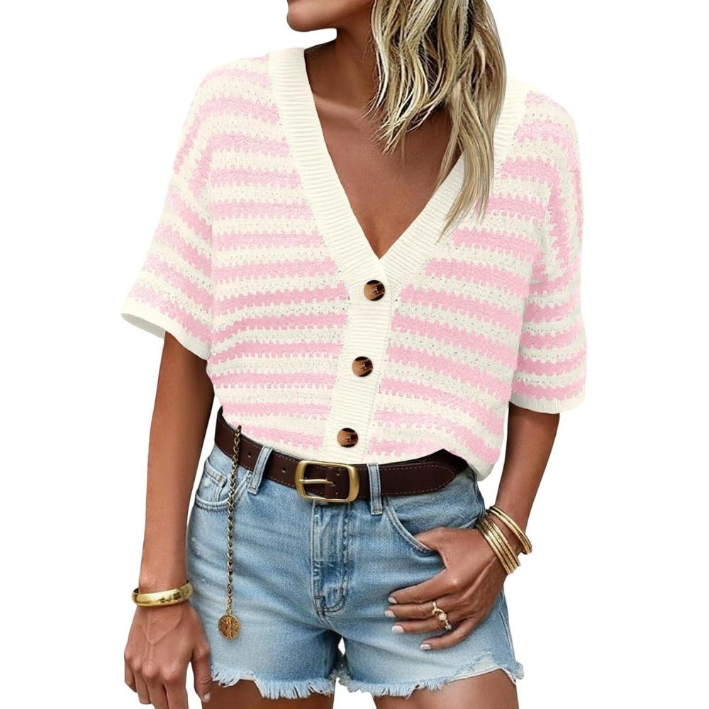 image:imageSaodimallsu Womens Short Sleeve Striped Cardigan Sweaters Crochet Knit Button Down Shirts V Neck Spring Summer TopsPink