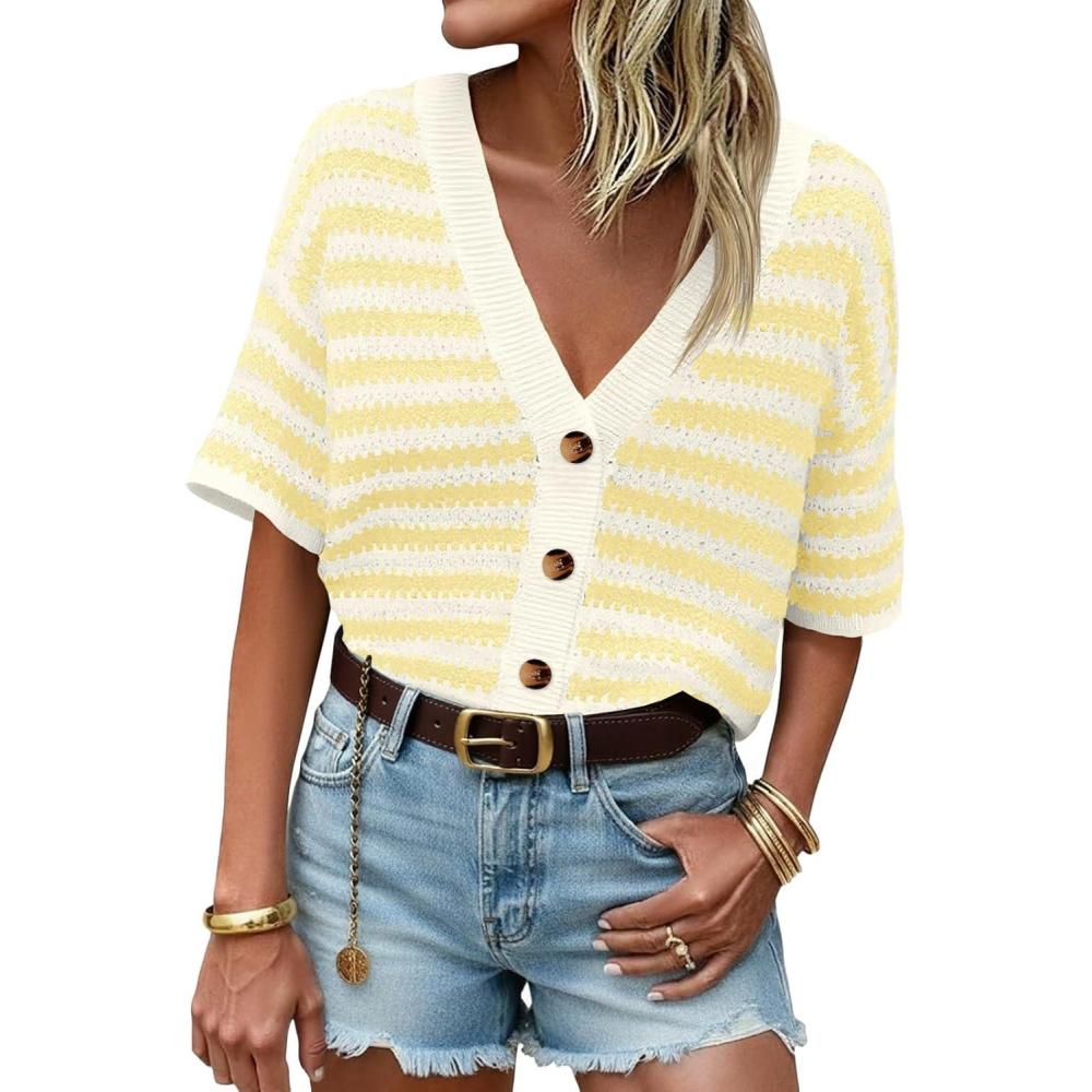 image:imageSaodimallsu Womens Short Sleeve Striped Cardigan Sweaters Crochet Knit Button Down Shirts V Neck Spring Summer TopsYellow