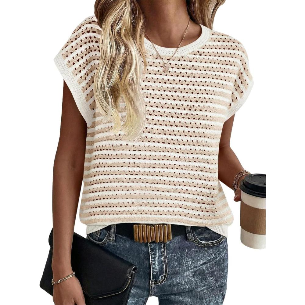 image:imageSaodimallsu Womens Short Sleeve Sweater Summer Striped Crochet Tops Casual Cap Sleeve Crewneck Knit Sweater Vest TShirtsBeige