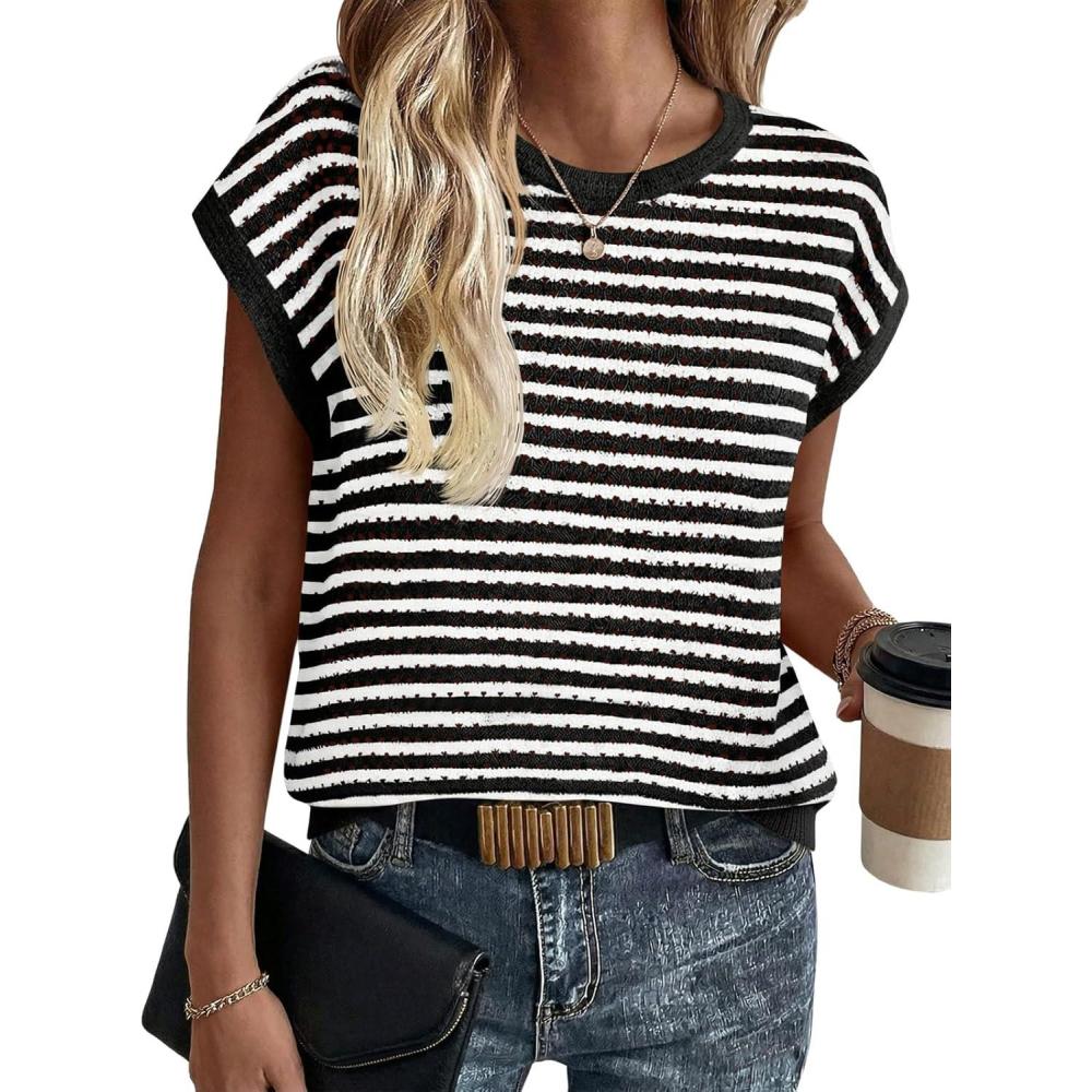 image:imageSaodimallsu Womens Short Sleeve Sweater Summer Striped Crochet Tops Casual Cap Sleeve Crewneck Knit Sweater Vest TShirtsBlack