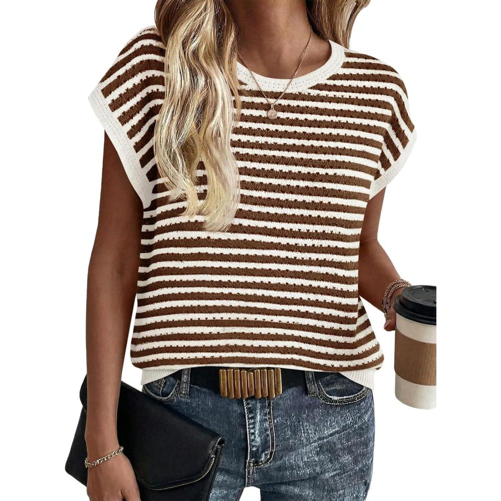 image:imageSaodimallsu Womens Short Sleeve Sweater Summer Striped Crochet Tops Casual Cap Sleeve Crewneck Knit Sweater Vest TShirtsBrown