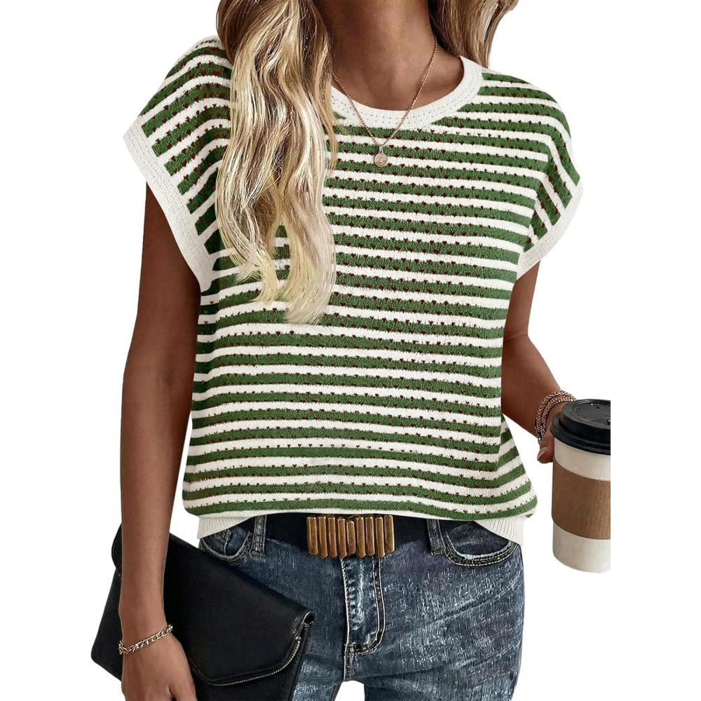 image:imageSaodimallsu Womens Short Sleeve Sweater Summer Striped Crochet Tops Casual Cap Sleeve Crewneck Knit Sweater Vest TShirtsGreen