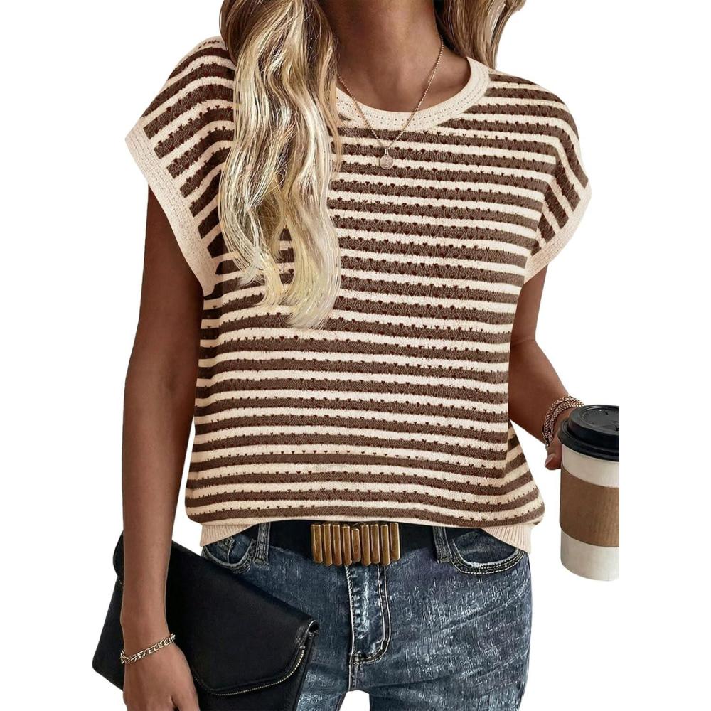 image:imageSaodimallsu Womens Short Sleeve Sweater Summer Striped Crochet Tops Casual Cap Sleeve Crewneck Knit Sweater Vest TShirtsKhaki