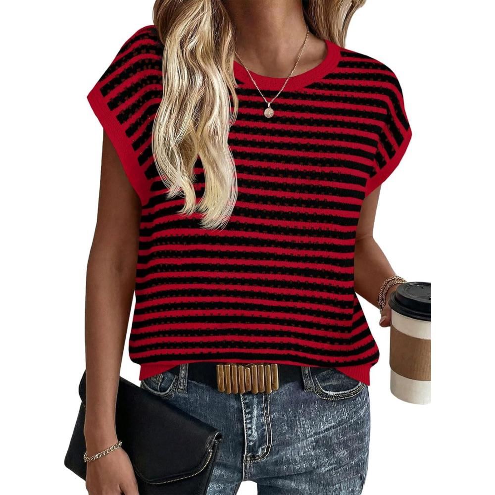 image:imageSaodimallsu Womens Short Sleeve Sweater Summer Striped Crochet Tops Casual Cap Sleeve Crewneck Knit Sweater Vest TShirtsRed