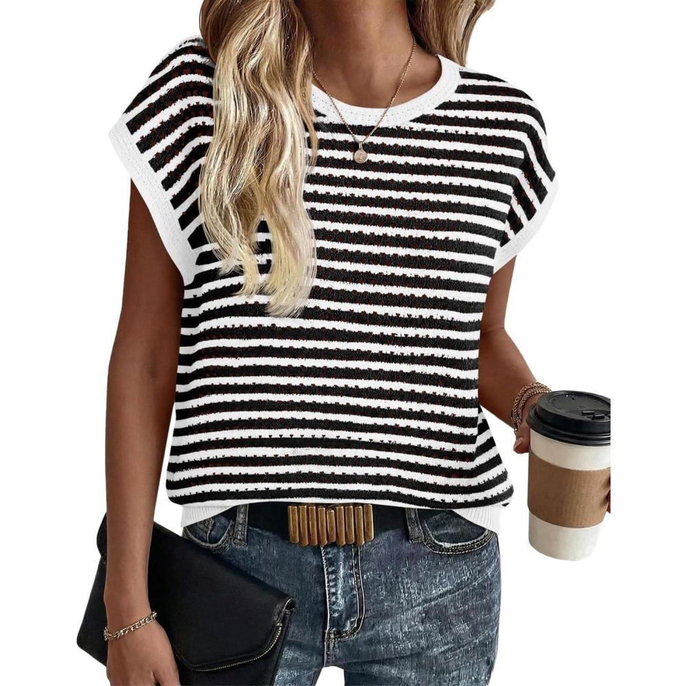 image:imageSaodimallsu Womens Short Sleeve Sweater Summer Striped Crochet Tops Casual Cap Sleeve Crewneck Knit Sweater Vest TShirtsWhite