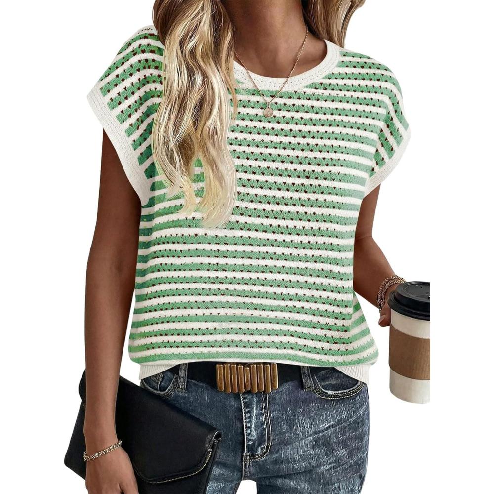 image:imageSaodimallsu Womens Short Sleeve Sweater Summer Striped Crochet Tops Casual Cap Sleeve Crewneck Knit Sweater Vest TShirtsWhitegreen