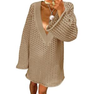 Saodimallsu Women Crochet Cover Up Long Sleeve Deep V Neck Hollow Out Sweater Oversized Beach Mini Dress Bathing Suit Coverup(Dark Khaki)