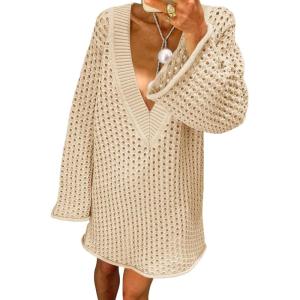 Saodimallsu Women Crochet Cover Up Long Sleeve Deep V Neck Hollow Out Sweater Oversized Beach Mini Dress Bathing Suit Coverup(Khaki)