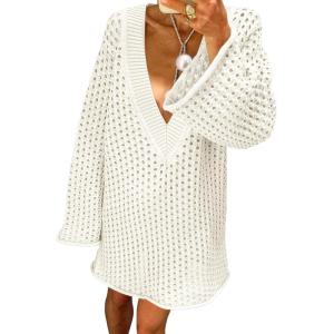Saodimallsu Women Crochet Cover Up Long Sleeve Deep V Neck Hollow Out Sweater Oversized Beach Mini Dress Bathing Suit Coverup(White)
