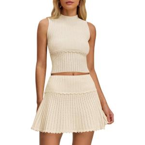 Saodimallsu Womens 2 Piece Skirt Sets Sleeveless Knit Crop Top Mini Skirt Summer Two Piece Outfits Sweater Sets(Apricot)