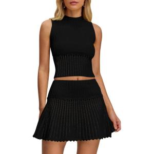 Saodimallsu Womens 2 Piece Skirt Sets Sleeveless Knit Crop Top Mini Skirt Summer Two Piece Outfits Sweater Sets(Black)