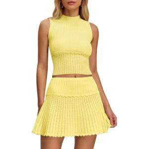 Saodimallsu Womens 2 Piece Skirt Sets Sleeveless Knit Crop Top Mini Skirt Summer Two Piece Outfits Sweater Sets(Yellow)