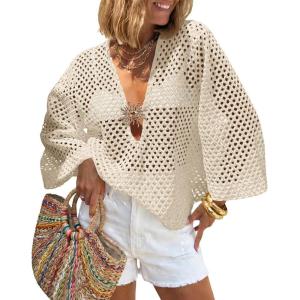 Saodimallsu Womens Crochet Beach Cover Up Top Summer 3/4 Sleeve Boho Oversized Mesh Knit V Neck Swimsuit Coverup(Beige)