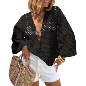 Saodimallsu Womens Crochet Beach Cover Up Top Summer 3/4 Sleeve Boho Oversized Mesh Knit V Neck Swimsuit Coverup(Black)