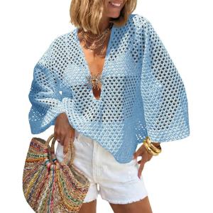 Saodimallsu Womens Crochet Beach Cover Up Top Summer 3/4 Sleeve Boho Oversized Mesh Knit V Neck Swimsuit Coverup(Sky Blue)