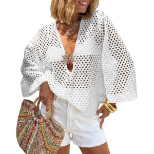 Saodimallsu Womens Crochet Beach Cover Up Top Summer 3/4 Sleeve Boho Oversized Mesh Knit V Neck Swimsuit Coverup(White)