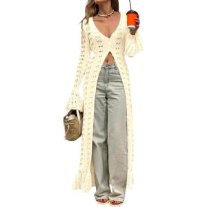 Saodimallsu Womens Crochet Long Cardigans Duster Button Up Bell Long Sleeve Ruffle 2026 Summer Boho Beach Cover Ups(Apricot)