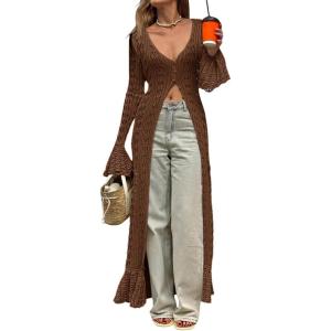 Saodimallsu Womens Crochet Long Cardigans Duster Button Up Bell Long Sleeve Ruffle 2026 Summer Boho Beach Cover Ups(Coffee)